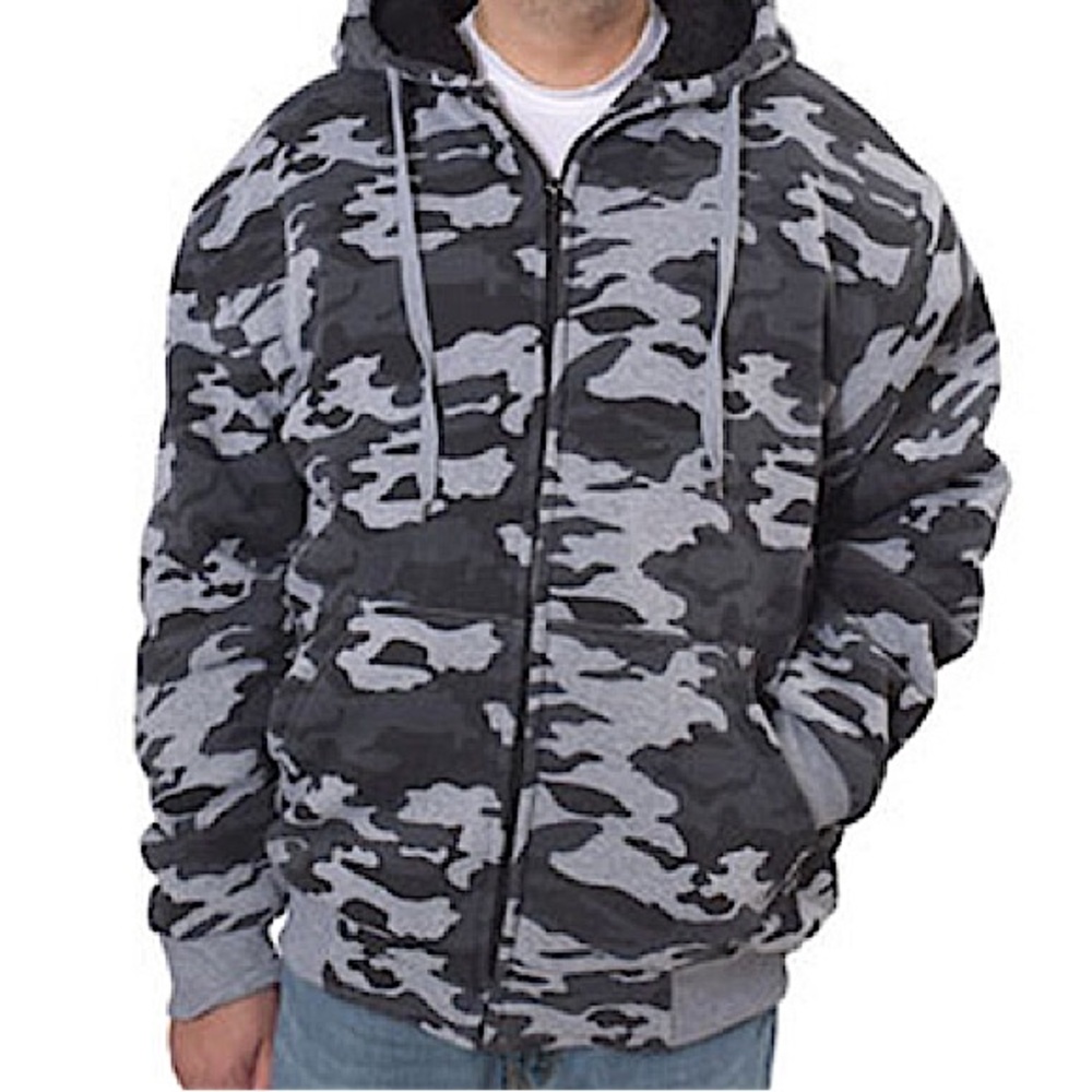 Camo BIG BALL SPORTS Hoodie Jacket Sherpa Fleece Full Zip Gray Black Size XXL